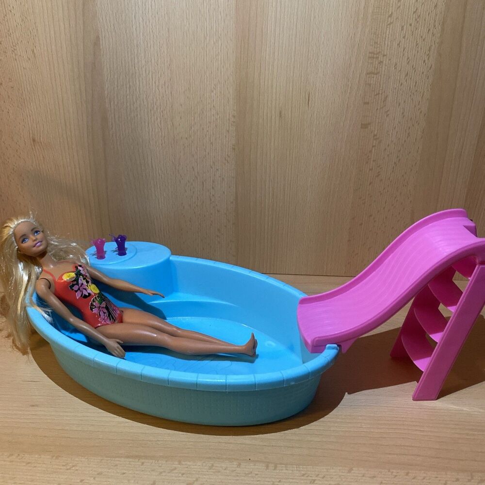 Barbie Doll Pool w Pink Slide Beverage Accessories Blonde in Swimsuit